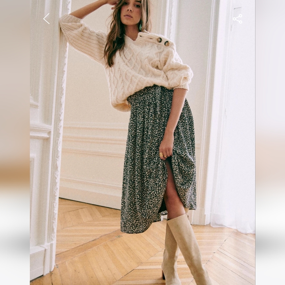 Sezane Elie Leopard Print Midi-Length Skirt